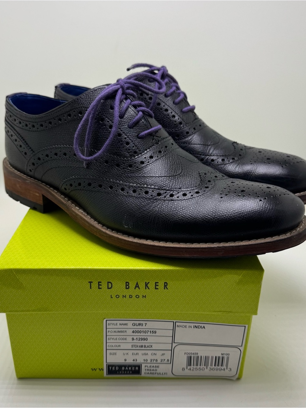 Ted Baker Guri Black Leather Wing Tip Size 10